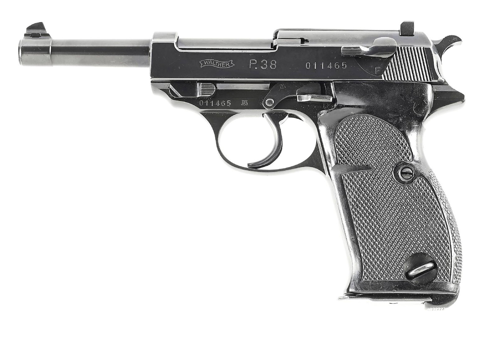 (C) ZERO SERIES WALTHER P.38 SEMI-AUTOMATIC PISTOL.: Third variation zero series P-38 produced by Walther features an extractor visible on the left side of the slide and a round firing pin. Various E/359 Waffenamts are visible. Early HP black grips with