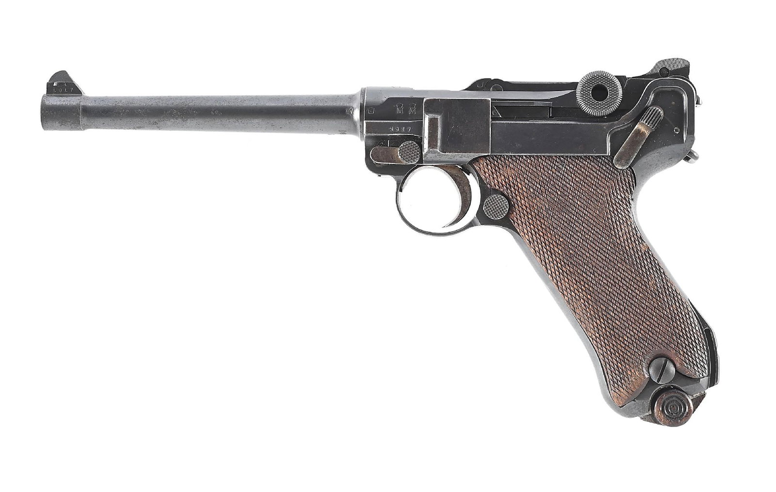 (C) DWM 1914 NAVY LUGER 9MM SEMI-AUTOMATIC PISTOL.: The 1914 Navy Model luger, known as the P.04. Unlike the earlier 1904 models, this model lacks the grip safety, but includes a stock lug. This model also features a distinctive 100-200 meter rear sigh