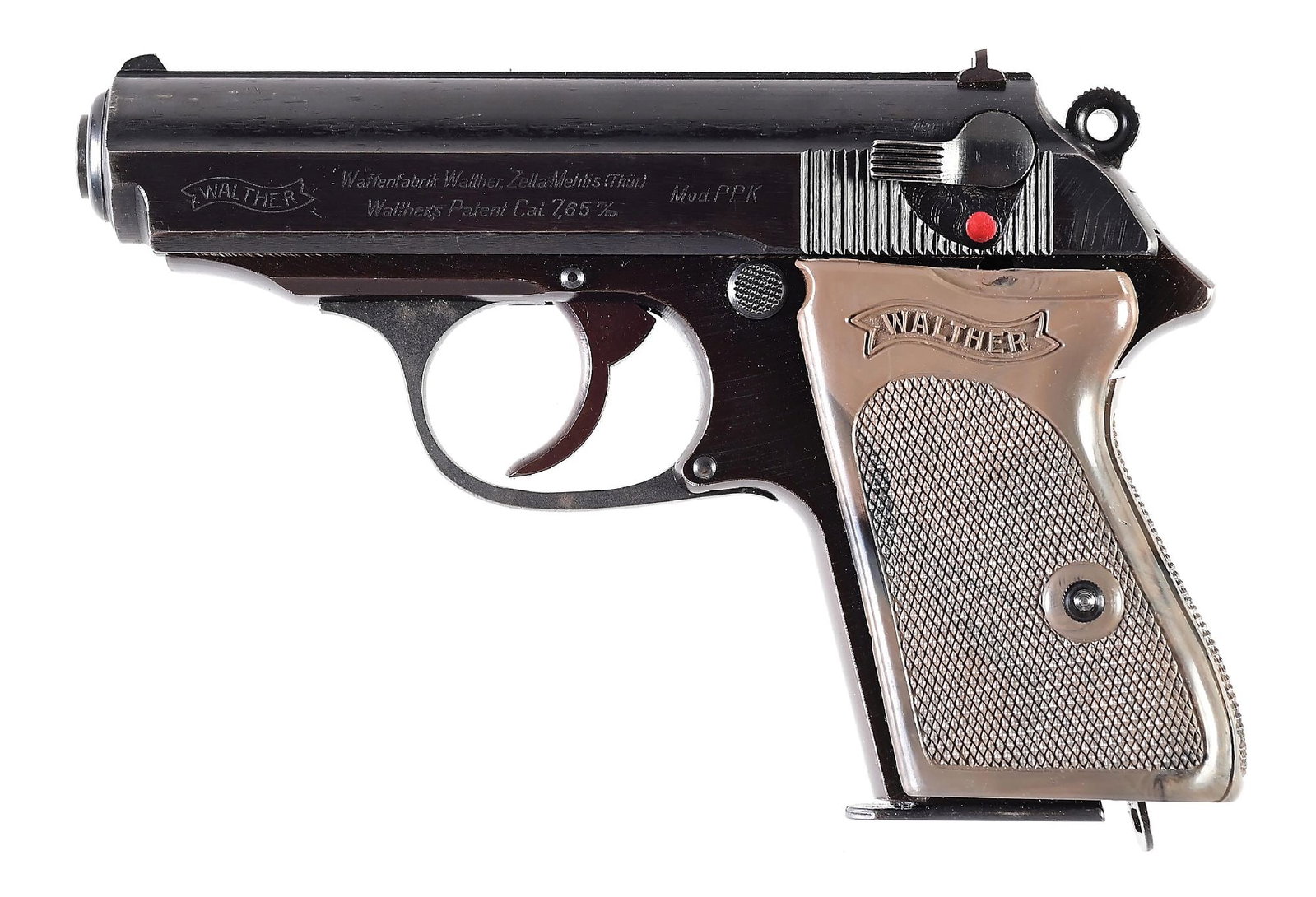 (C) LATE WAR WALTHER PPK 7.65MM SEMI-AUTOMATIC PISTOL WITH DURAL FRAME.: Manufactured in 1945, this late War production pistol is among the last of the wartime Dural framed guns. Features dark wartime brushed blue finish. Standard Zella-Mehlis slide legend on the left and 