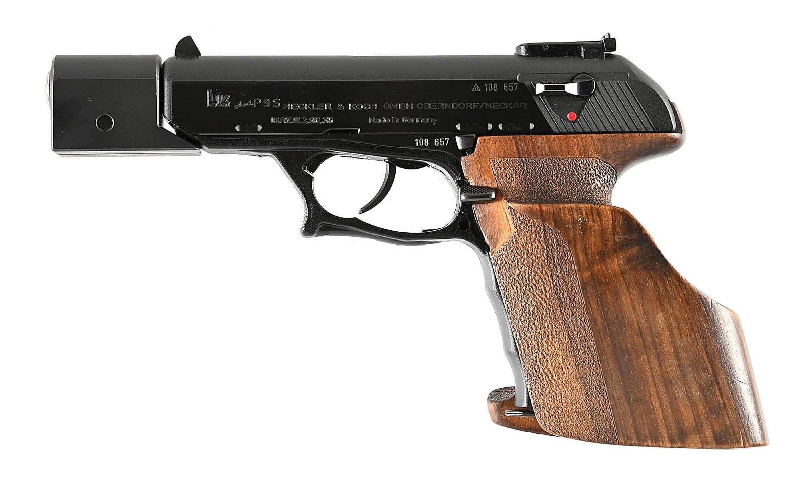 (C) HECKLER & KOCH P9S TARGET 9MM SEMI-AUTOMATIC PISTOL WITH BOX.: Made in Germany beginning in 1973 and considered by many to be the most accurate 9mm ever made. The target version features a match barrel, the (S) double action trigger, dual tone blue finish, target