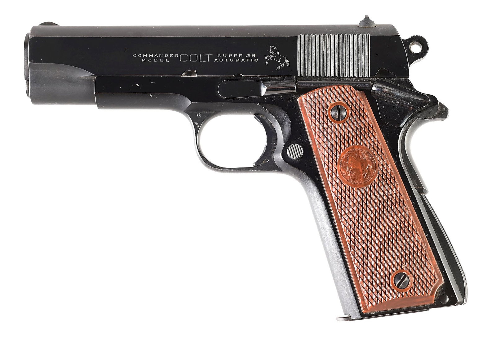 (C) COLT LIGHTWEIGHT COMMANDER MODEL .38 SUPER 1911 SEMI-AUTOMATIC PISTOL WITH BOX: Manufactured 1949 Colt model Lightweight Combat Commander caliber .38 Super with early narrow barrel, alloy frame, Colt wood mottled brown synthetic grips with Rampant Colt monogram at center. Comes w