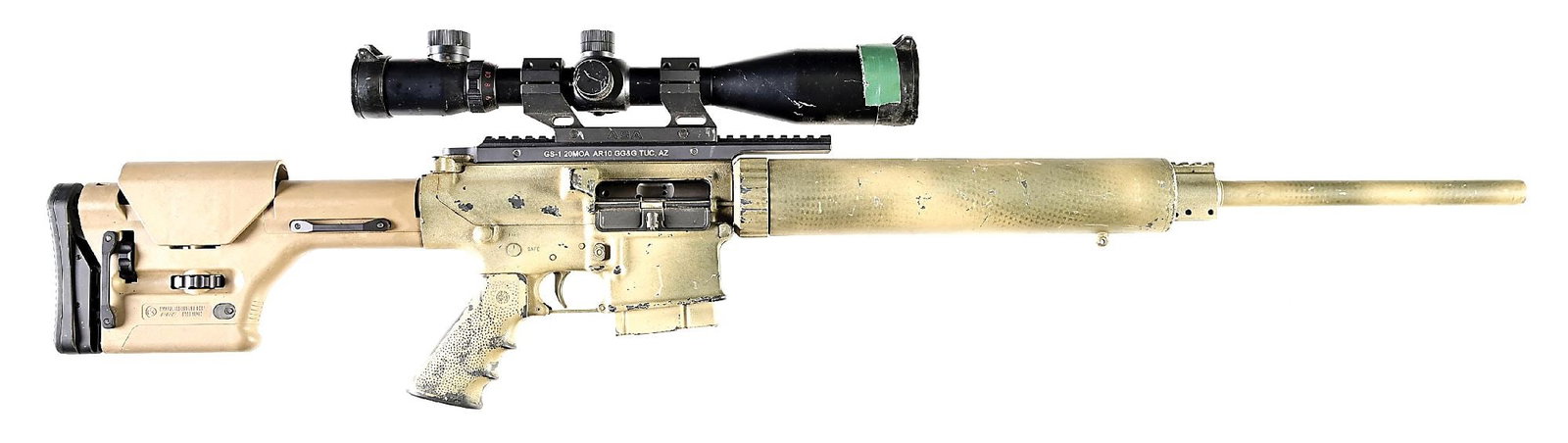 (M) ARMALITE AR-10(T) .308 WINCHESTER SEMI-AUTOMATIC RIFLE.: Target crowned heavy barrel with railed gas block. Flat top upper fitted with an extended GG&G GS-1 20 MOA rail, ASA base, and Horus Vision 4-16x50mm scope. Furniture includes a tube forend, Hogue ove