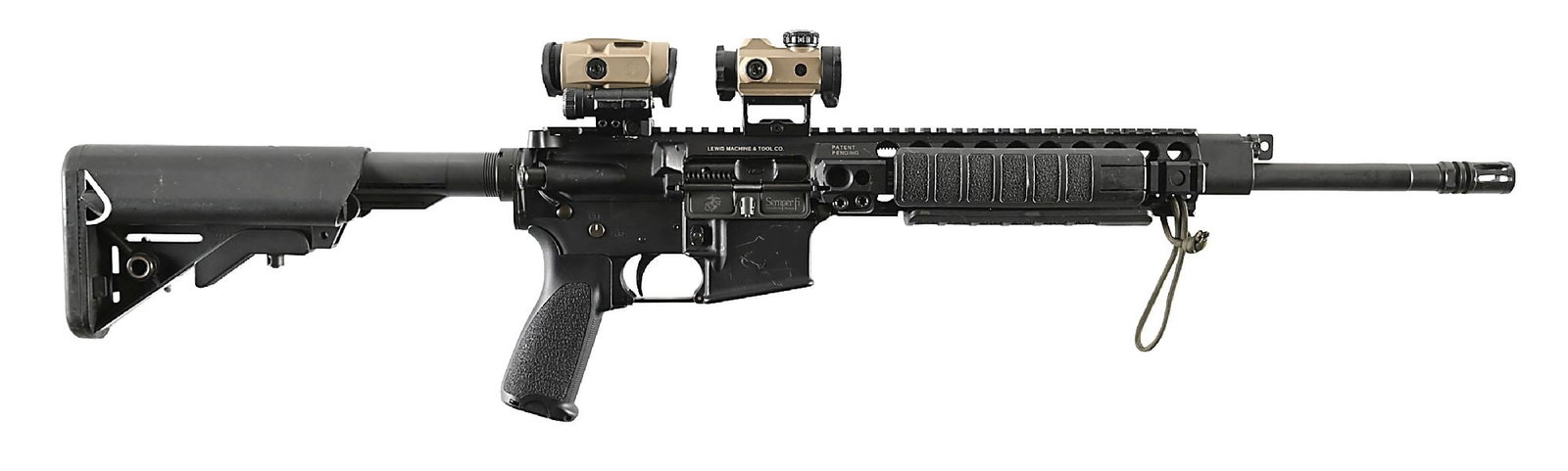 (M) LMT DEFENDER 2000 5.56X45MM SEMI-AUTOMATIC RIFLE.: Heavy profile 1:7 twist barrel with an A2 style flash hider, LMT monolithic upper with rail covers including a Knight's Armament, QD sling bows at left section of rail and on left side of LMT buttstoc