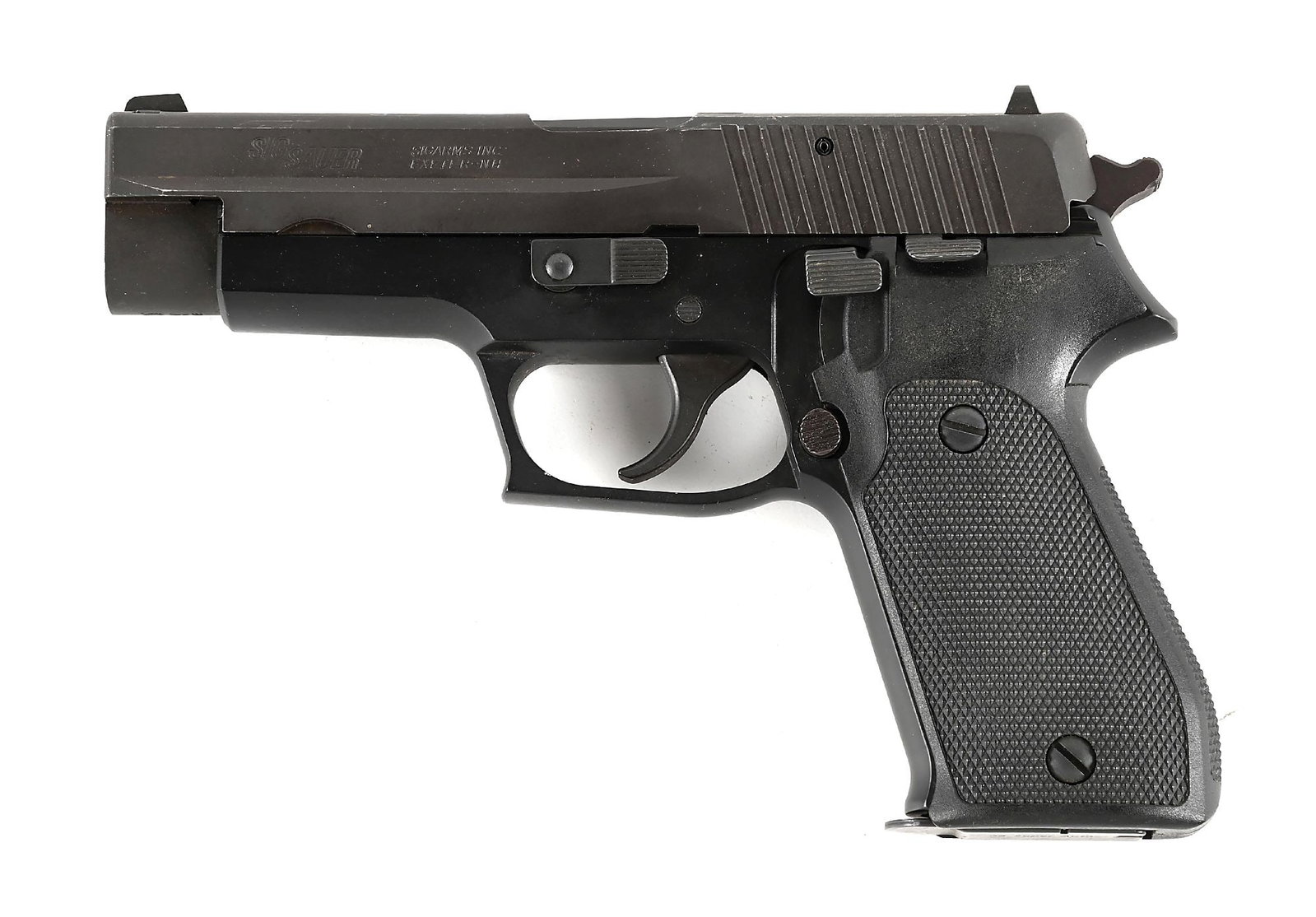 (M) RARE SIG SAUER P220 .38 SUPER SEMI-AUTOMATIC PISTOL.: Manufactured in Germany in 1994. Matted finished slide with West German address. Drift adjustable white dot front sight and white highlighted notch rear. Scarce .38 Super chambering. Alloy frame with 