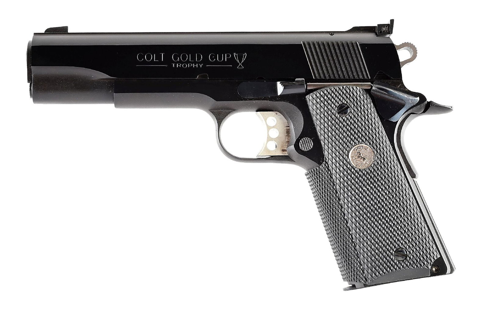 (M) COLT GOLD CUP TROPHY .45 ACP SEMI-AUTOMATIC PISTOL WITH CASE.: Manufactured in 2003 per serial number. Features include serrated wide rib, factory blade front sight, Elliason adjustable rear sight, and Colt composite wrap around grips. Accompanied by factory box 