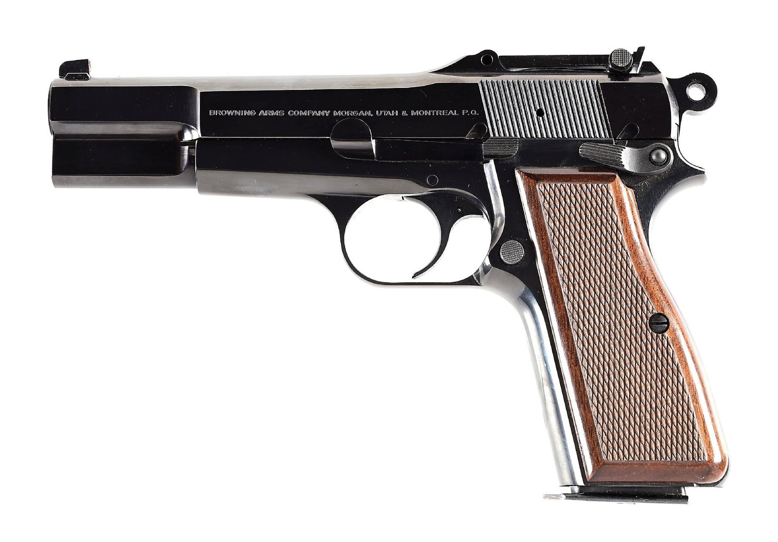 (M) TANGENT SIGHT BROWNING HI-POWER SEMI-AUTOMATIC PISTOL WITH CASE.: Manufactured 1993 in Belgium and assembled in Portugal. Browning Hi-Power with blue finish and checkered walnut grips. Fitted with factory Tangent sights, ambidextrous safety, and round commander type