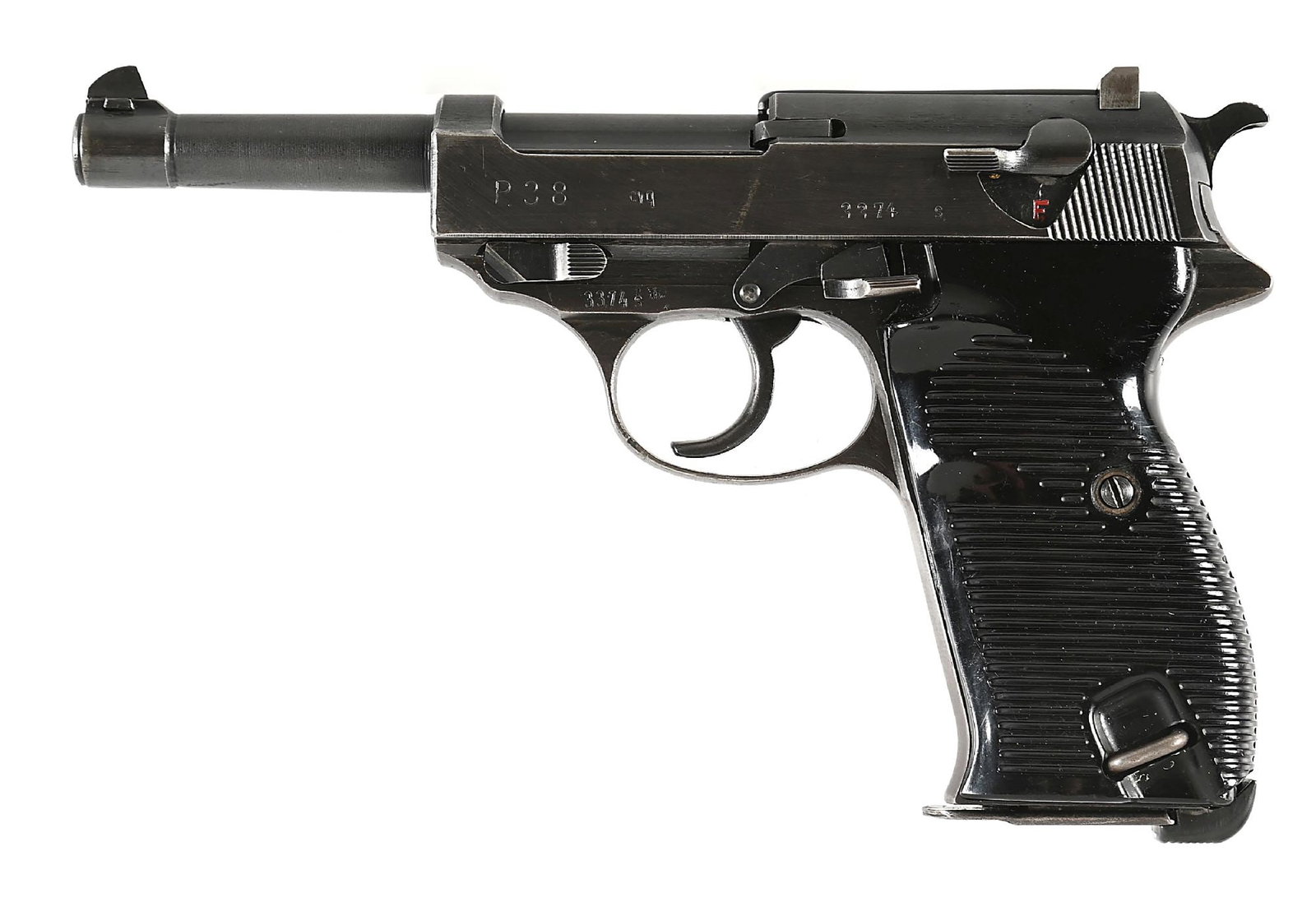 (C) SPREEWERKE P-38 9MM SEMI-AUTOMATIC PISTOL: Produced in July, 1944 this late war production pistol features a wartime finish with some rough milling on the slide and frame. The pistol has all matching serial numbers. The right side of the slide