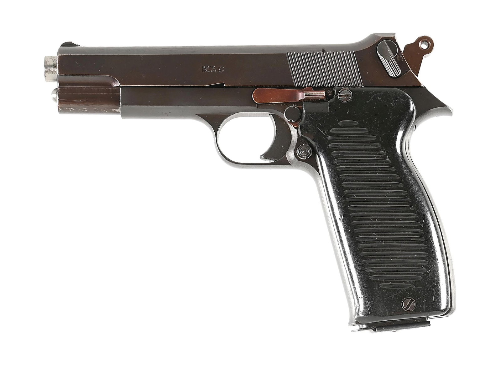 (C) EARLY FRENCH MAC 50 SEMI-AUTOMATIC PISTOL: Introduced into French military service in 1950, the Mle 1950 served with the Army, Navy, Air Force, and Gendarmerie Nationale, as well as in French colonies, many still issued in the 21st century. Th