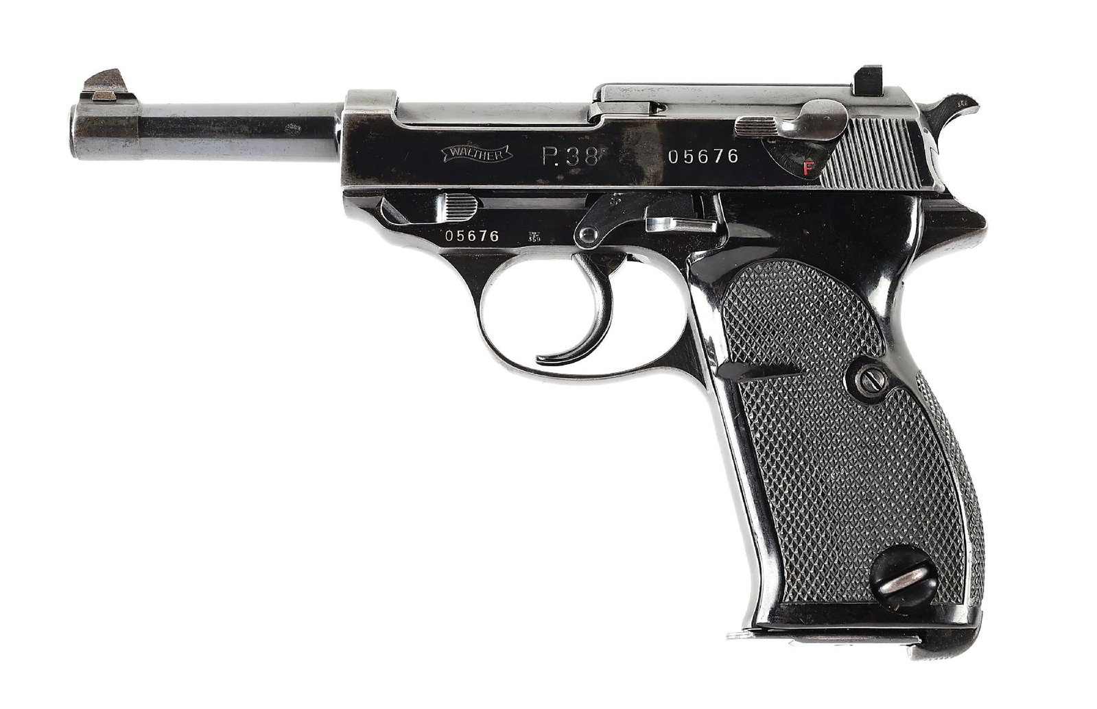 (C) RARE WALTHER ZERO SERIES P38 3RD VARIATION 9MM PISTOL: Manufactured 1940 by Walther with high polish commercial blue finish. "(Eagle) / 359" inspections found on most all small parts. Checkered black plastic grips with oval lanyard slot. These are the las