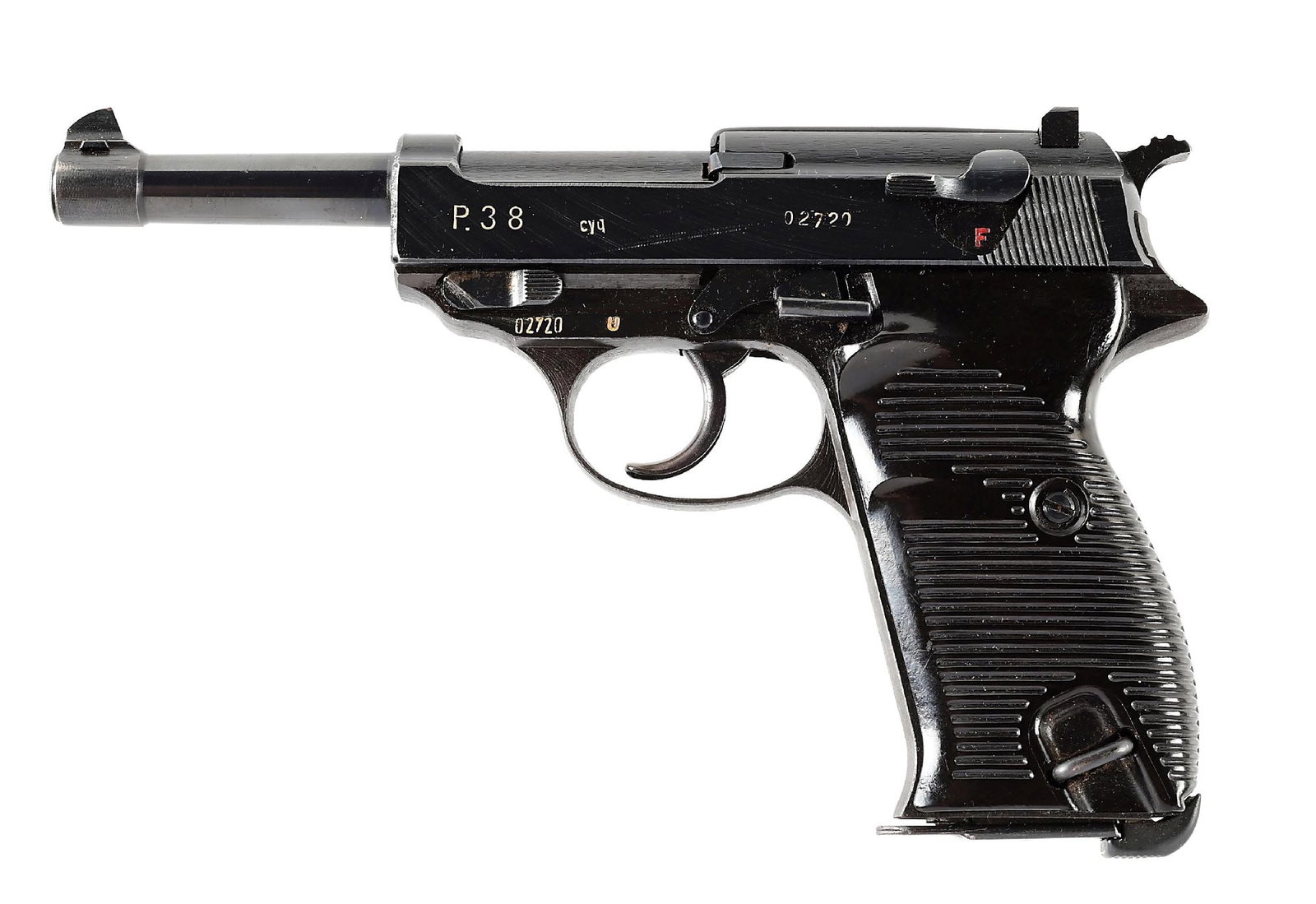 (C) DOCUMENTED CAPTURED WW2 GERMAN ZERO SERIES CYQ P38 PISTOL: Documented captured "cyq" P.38 pistol with a full dossier with pistol identified by serial number to PFC. Bernard Schwartz of New York. Schwartz enlisted Dececember 7th, 1942 and was trained as a Radi