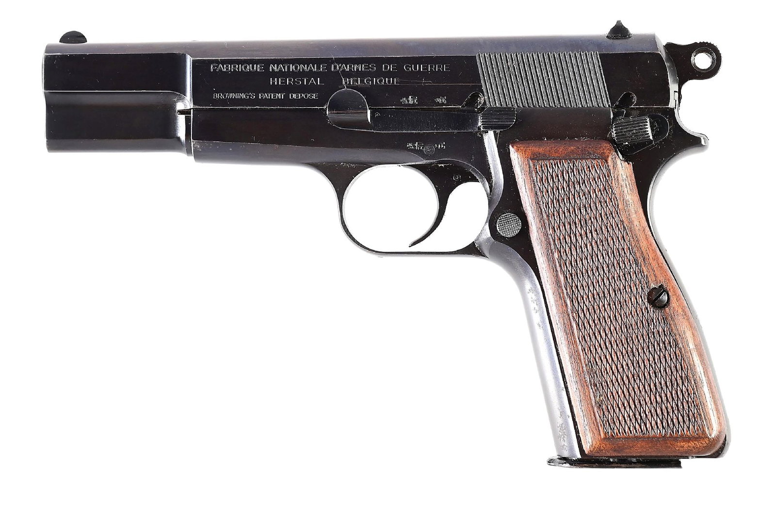 (C) FN HI-POWER SEMI-AUTOMATIC PISTOL.: Early post-War contract Belgian production, likely for the West German police who started acquiring Hi-Power pistols in 1951. Finished in rust blue with half moon front sight, drift adjustable v-notch