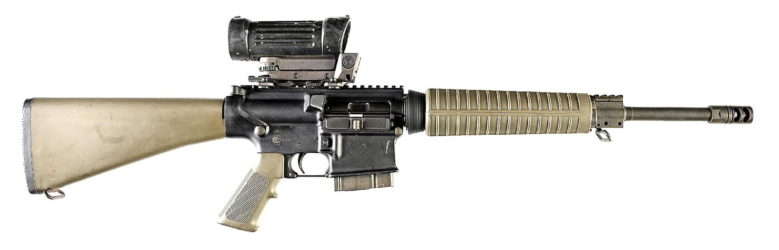 (M) ARMALITE AR-10A4 SEMI-AUTOMATIC RIFLE WITH ELCAN OPTIC.: Two chamber muzzle brake, gas block with sling bow and railed across the top, OD green furniture including A2 ribbed handguard, pistol grip with finger spur, and fixed stock with sling bow and toe lin