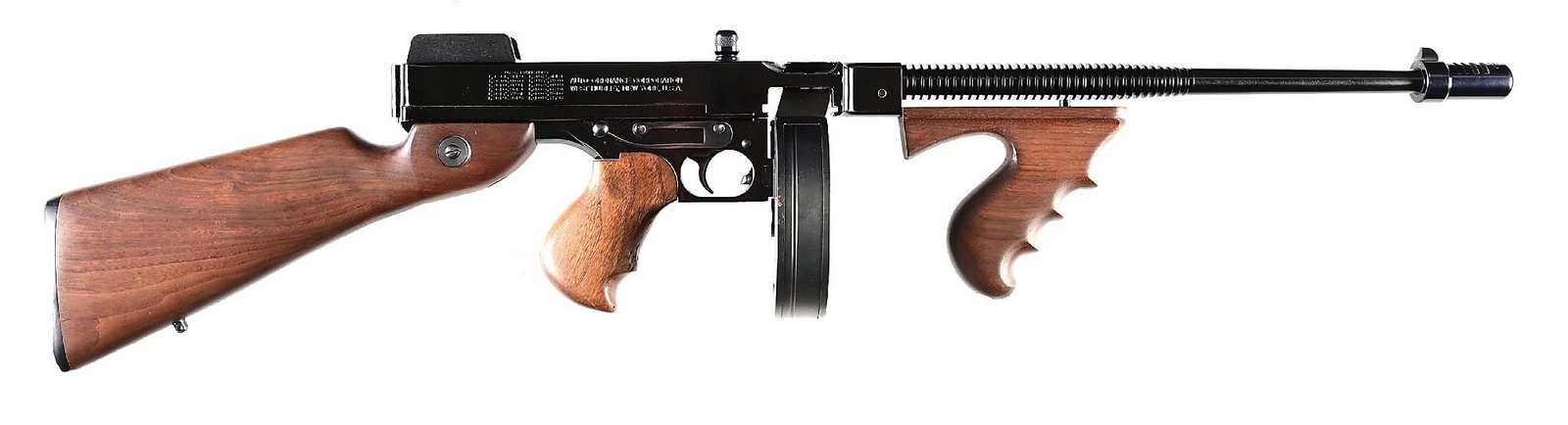 (M) AUTO-ORDNANCE MODEL 1927A3 THOMPSON .22 LR SEMI-AUTOMATIC RIFLE.: Manufactured by Auto Ordnance of West Hurley, New York. A very attractive rendition of the iconic Thompson in .22 LR. Alloy construction with deep blue anodized components. Finned barrel barrel with T