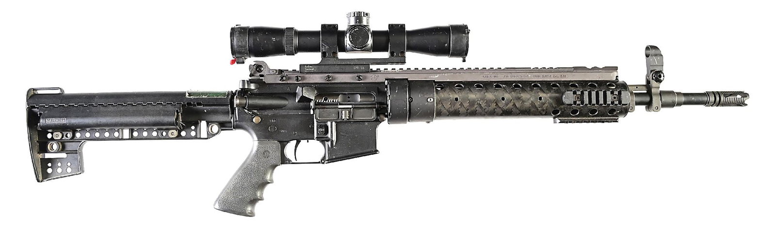 (M) GUNSMOKE ENTERPRISES M15-MATCH SEMI-AUTOMATIC RIFLE.: Built on a M15-Match lower with heavy barrel, slotted muzzle brake, flip up hooded front sight, extended charging handle, free floated carbon fiber forend, Hogue rubber overmolded pistol grip and VLTO
