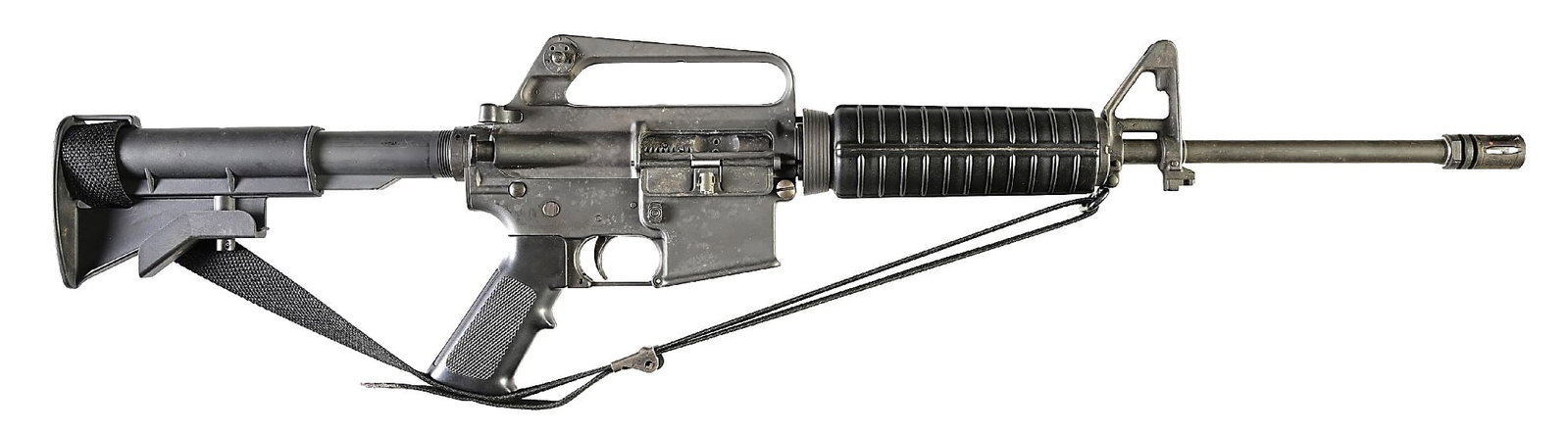 (M) PRE-BAN COLT AR-15A2 SPORTER II SEMI-AUTOMATIC RIFLE.: Circa 1980s production. Matte finished pencil barrel marked "C MP B" with bird cage flash hider. Protected post front sight on triangle style base with bayonet lug. M16A1 styled upper with 2-leaf aper