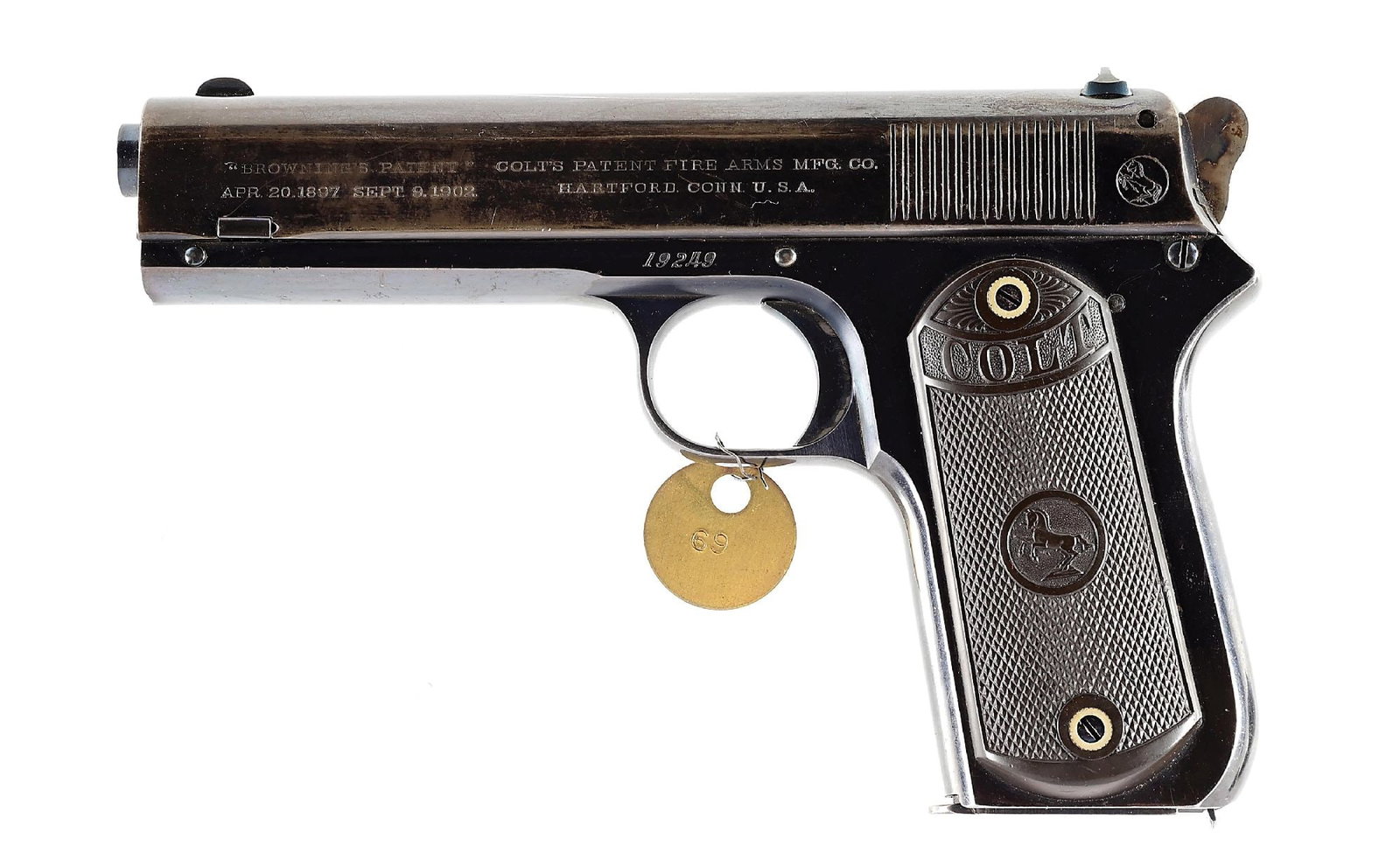 (C) COLT 1903 POCKET HAMMER .38 ACP SEMI-AUTOMATIC PISTOL: Manufactured the first year of production in 1903. The Model 1903 Spur Hammer pistol with a 4 - 1/2" barrel chambered for the .380 Colt Auto Pistol. Rounded case colored hammer with fire blue trigger.