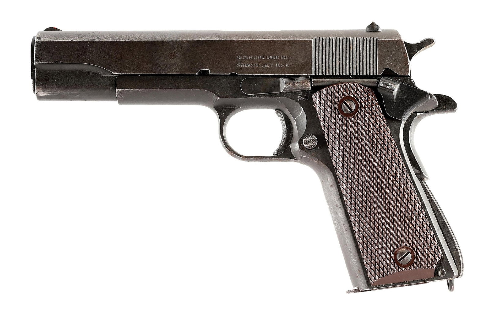 (C) REMINGTON RAND 1911A1 .45 ACP SEMI-AUTOMATIC PISTOL (1944): Circa 1944 per serial number. Serrated slope front sight, square notch flat top rear sight, with Remington Rand legend on left side. Barrel with "COLT 45 AUTO" on lower left of chamber, "P" on left lu