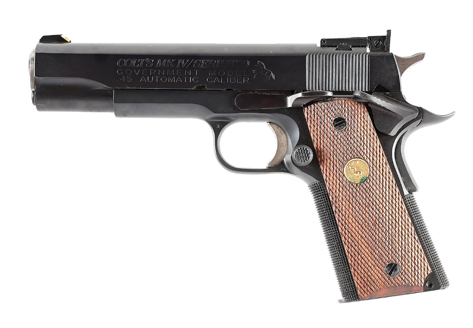 (C) COLT GOVERNMENT MODEL MK IV SERIES 70 .45 ACP SEMI-AUTOMATIC PISTOL.: Manufactured in 1971 and later nicely updated. National Match barrel and bushing. White insert front sight and Bo-Mar adjustable rear. Custom applied matte black finish with checkered front strap, che