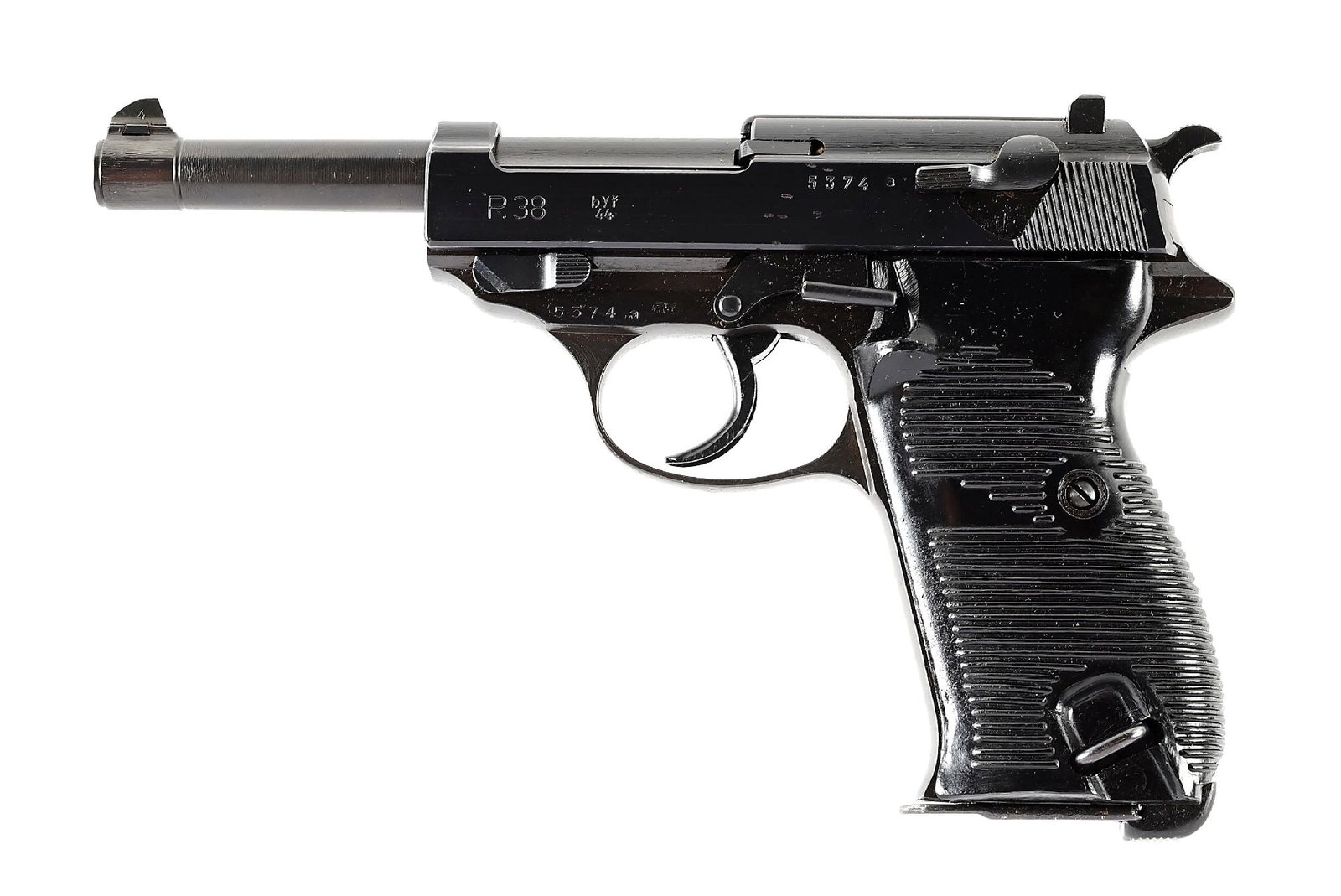 (C) WW2 MAUSER BYF 44 CODE P38 PISTOL: Manufactured 1944 by Mauserwerke in Oberndorf using the "byf" 44 code in the stacked date fashion. Blue finished with Eagle WaA135 inspections. Black plastic grips with horizontal grooves. 8 round blu