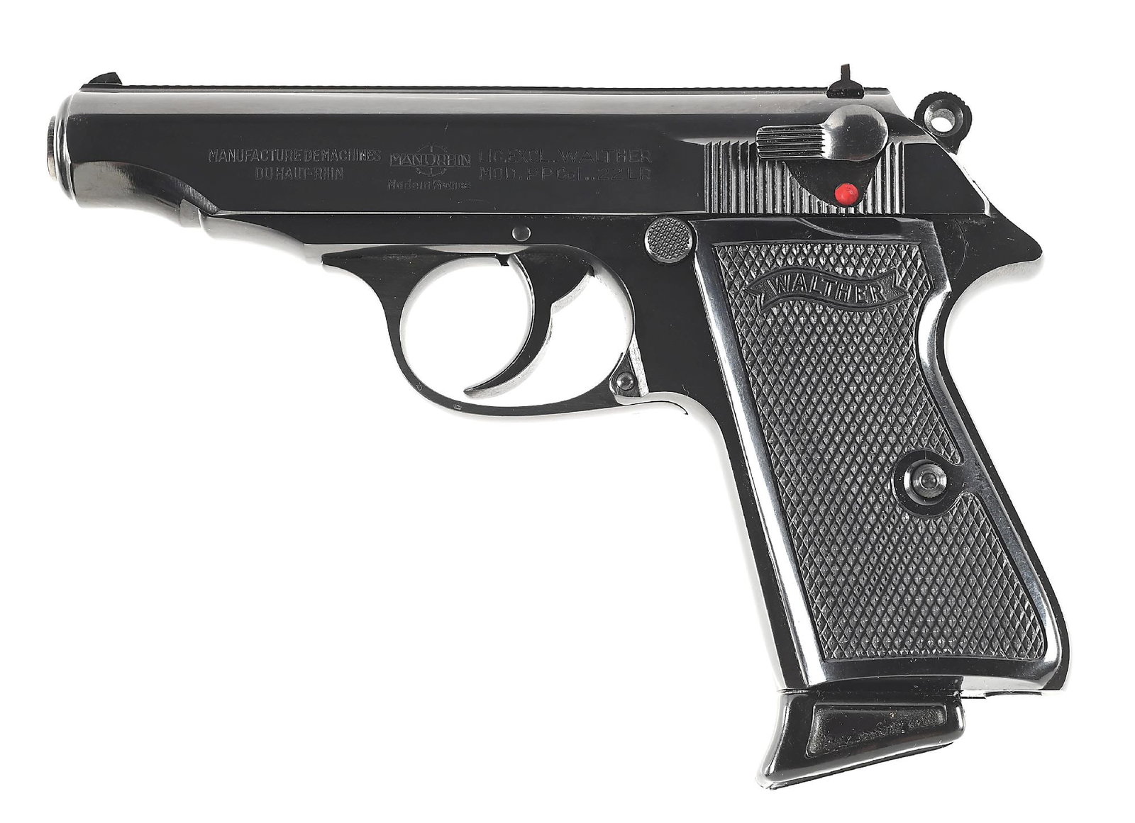 (M) MANURHIN WALTHER PP SEMI-AUTOMATIC PISTOL.: French manufactured Manurhin .22 LR pistol made under license from Walther. Blue finished with thin side slide, black checkered grips, black plastic finger rest magazine. Comes with 2 additional flat 