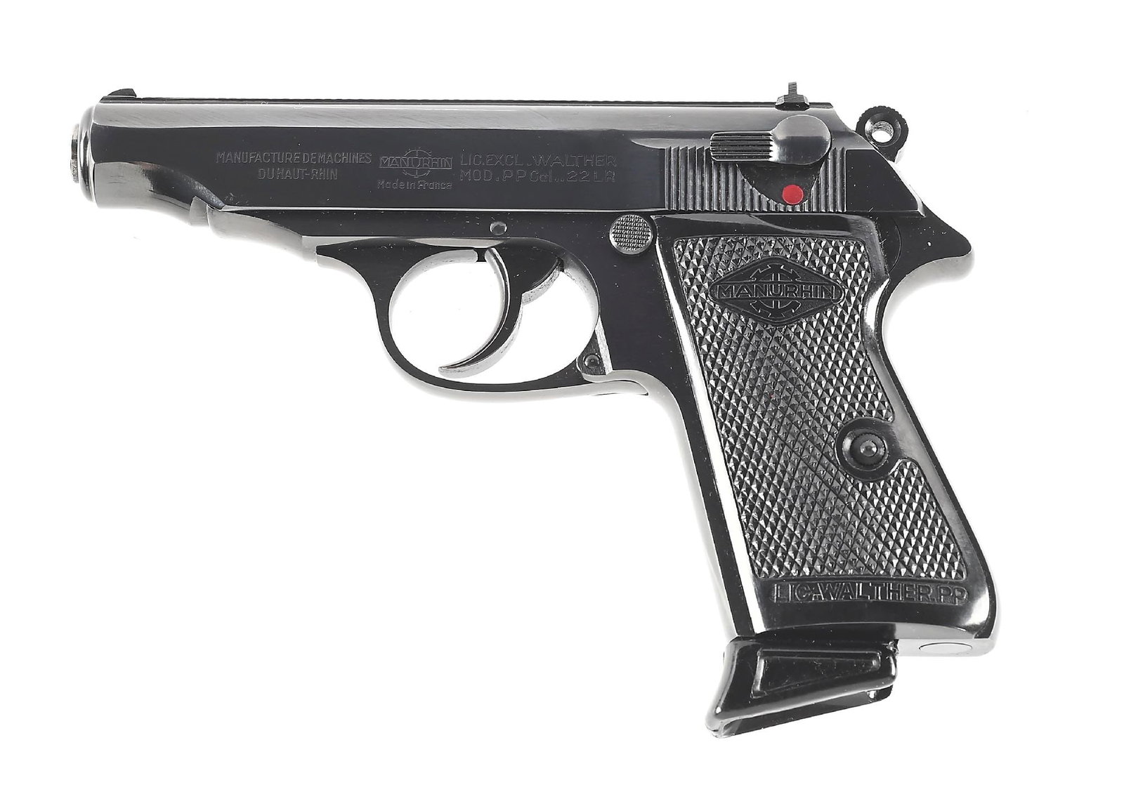 (M) MANURHIN WALTHER PP .22 LR SEMI-AUTOMATIC PISTOL: French manufactured Manurhin .22 LR pistol made under license from Walther. Blue finished with thin side slide, black checkered grips, and black plastic finger rest magazine. Comes with 2 additional f
