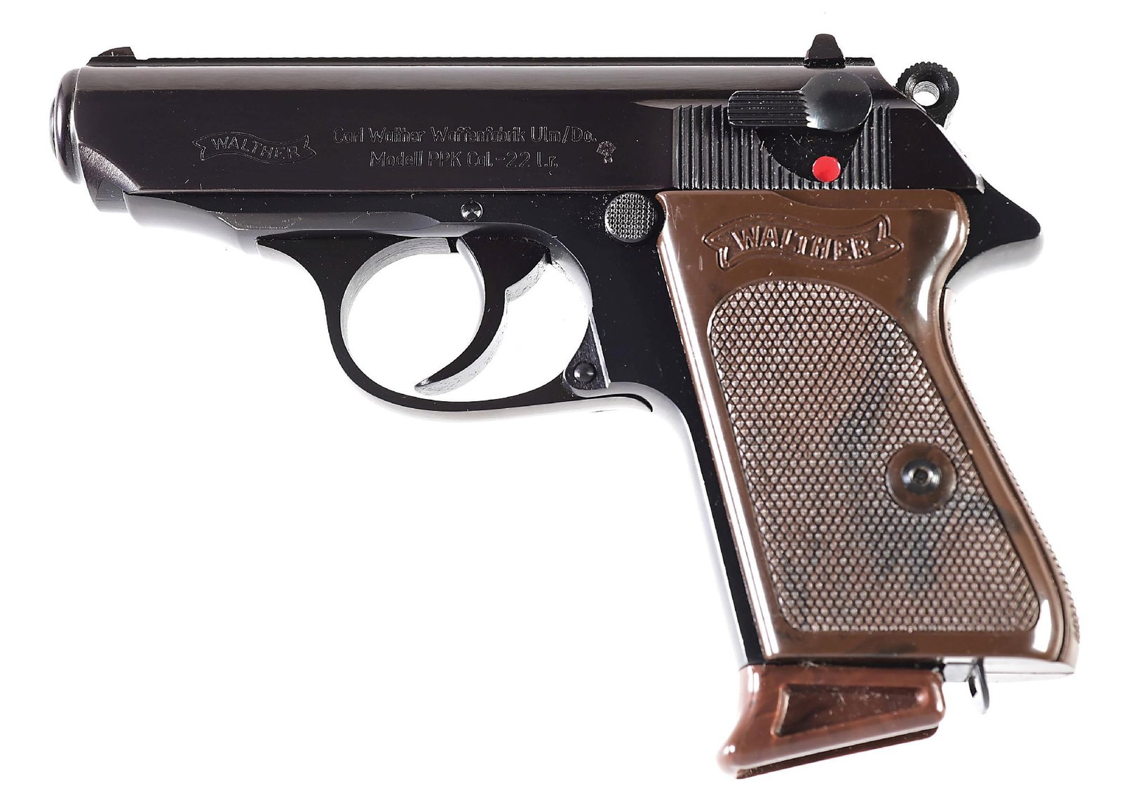 (C) WEST GERMAN WALTHER PPK .22 LR SEMI-AUTOMATIC PISTOL WITH BOX.: Manufactured in 1968, the last year for West German PPK imports into the US. Finished in classic deep plum blue. Standard Ulm slide legend. Fixed front sight and drift adjustable square notch rear. Wr
