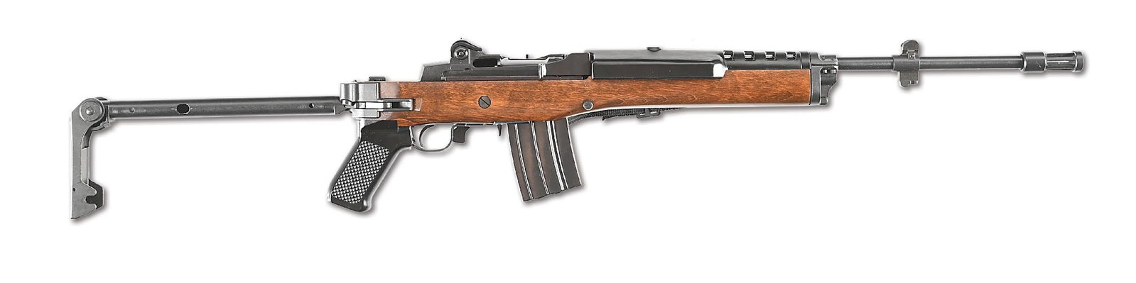 (M) RUGER MINI-14/F FOLDER SEMI-AUTOMATIC CARBINE WITH BOX.: Manufactured in 1985. Blued pencil barrel with cage flash hider and bayonet lug base protected blade front sight. Adjustable aperture rear. Wooden stock with plastic ventilated hand guard, checkered p