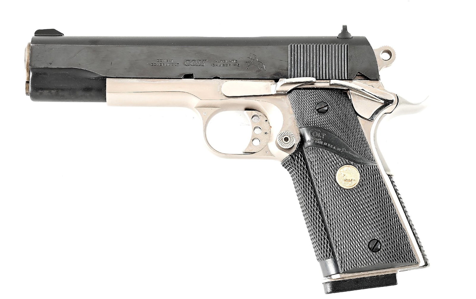 (M) CUSTOM COLT COMBAT GOVERNMENT MODEL 1911 SEMI-AUTOMATIC PISTOL.: This 1982 production Series 70 Combat Government Model has been nicely worked over. Matted slide with polished blue flats. Orange highlighted ramped front sight and white outlined square notch rear. M