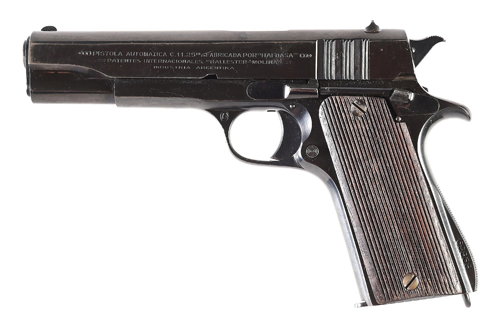 (C) BALLESTER-MOLINA .45 ACP SEMI-AUTOMATIC PISTOL: Ballester Molina Pattern 1937 manufactured in Argentina as the replacement for the pattern 1927 FMAP pistol. Blue finish with 7 round magazine and laterally grooved walnut grips. Pistol was created to