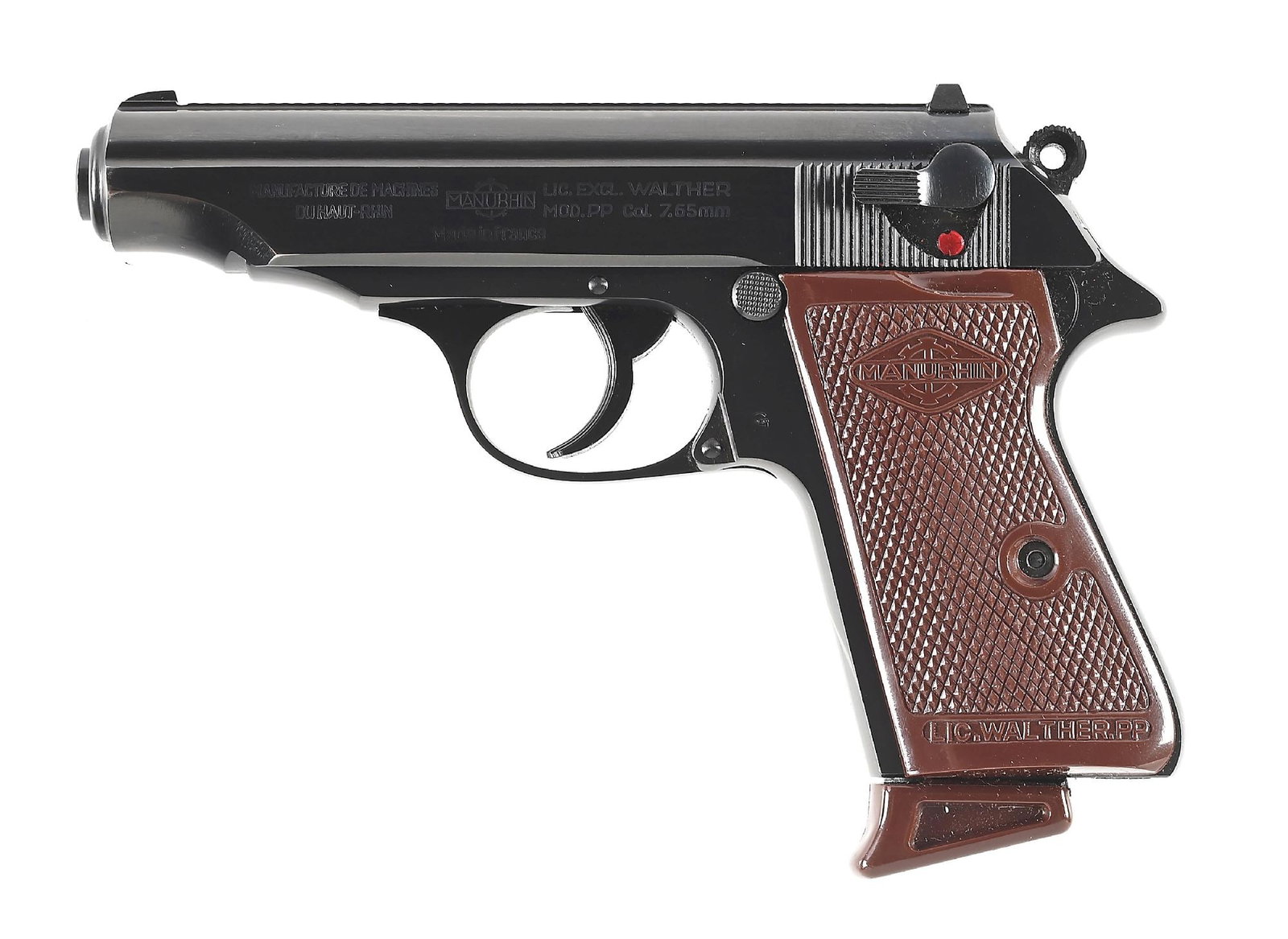 (M) MANURHIN WALTHER PP .32 ACP SEMI-AUTOMATIC PISTOL.: French Made Manurhin PPK made under license from Walther. Commercial high polish blue finish with checkered brown plastic grips, brown finger rest magazine, and a flat base magazine. In original numbe