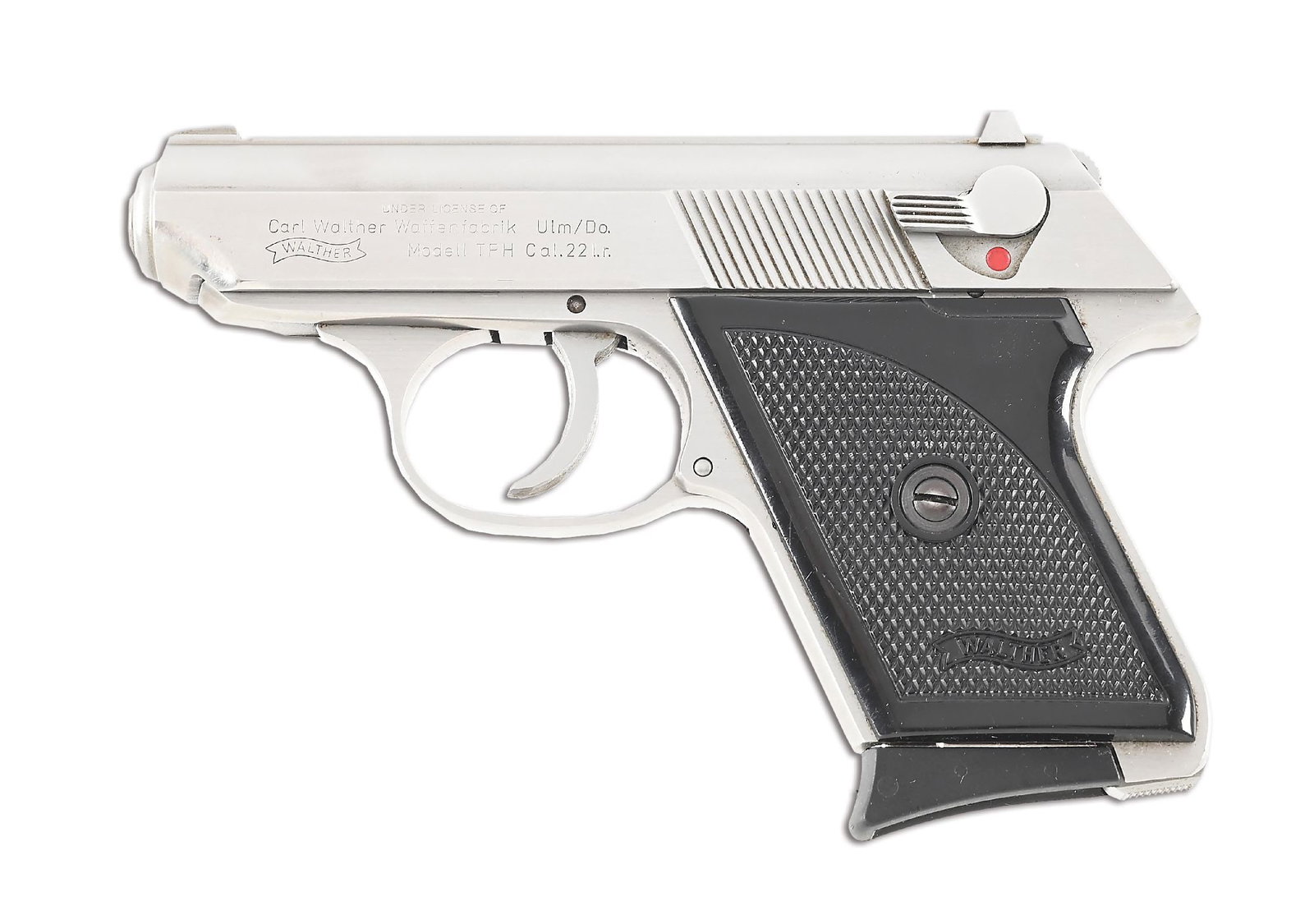 (M) INTERARMS TPH .22 LR SEMI-AUTOMATIC PISTOL.: Stainless steel Walther TPH .22 LR semi auto pistol with factory box and paperwork dated 2012. Black checkered 2 piece grips and 3 spare magazines. CONDITION: Very fine with some light exterior handli