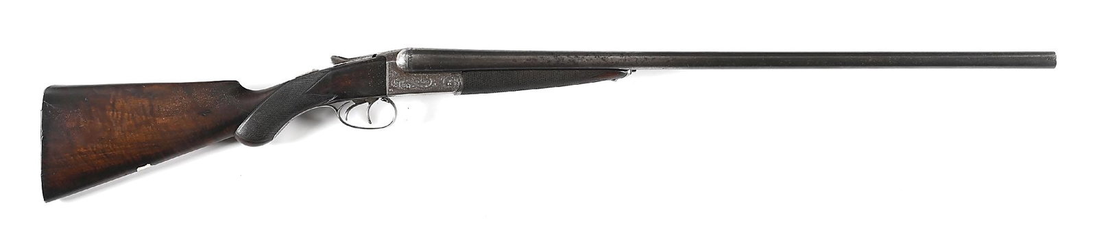 (C) STOAKES 12 GAUGE SIDE BY SIDE BOXLOCK SHOTGUN.: Dovetail lump barrels with a depressed bead front sight on a concave solid rib with traces of faux damascus twist, signed to rear "J. STOAKES 27 St. Peter's Street, Canterbury". Doll's head rib extens