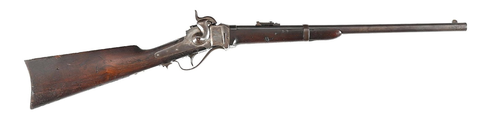 (A) VERY FINE US CIVIL WAR SHARPS 1863 NEW MODEL PERCUSSION CARBINE.: Case colored frame with rust blue finished round barrel with nickel silver blade front sight and Lawrence pellet prime marked folding carbine rear sight. Oil finished walnut stocks with case colored s