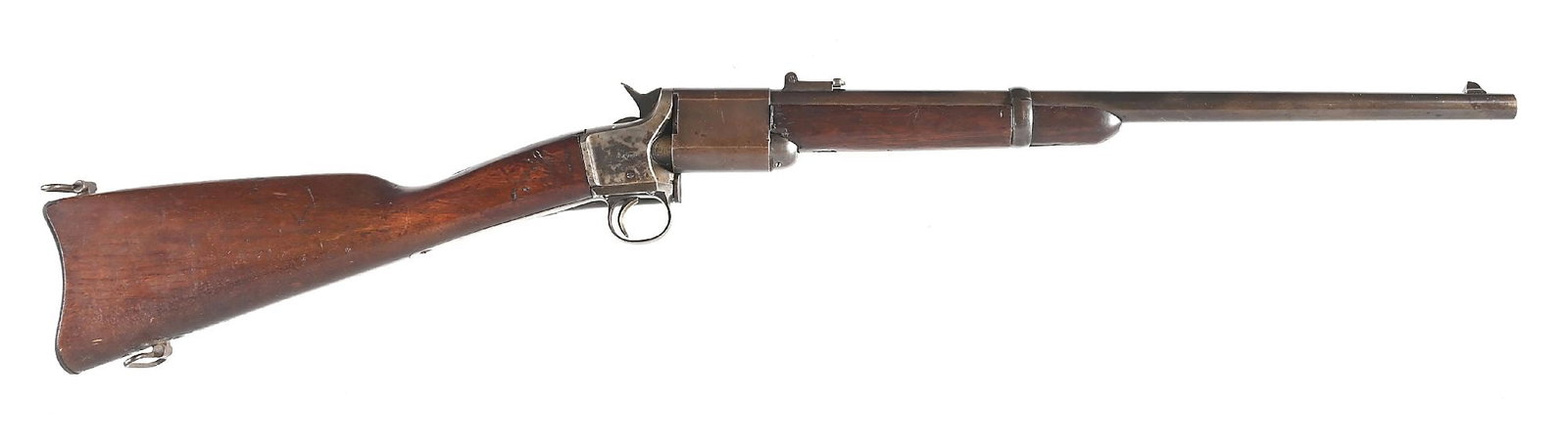 (A) FINE CONDITION TRIPLETT & SCOTT SWIVEL BREECH 22" CARBINE.: This seven round swivel breech loading carbine was made by the Meriden Mfg. Co. in 1864-1865 only. Production of this 22" carbine is estimated at 2000 units. The co-founder of this company was Charles
