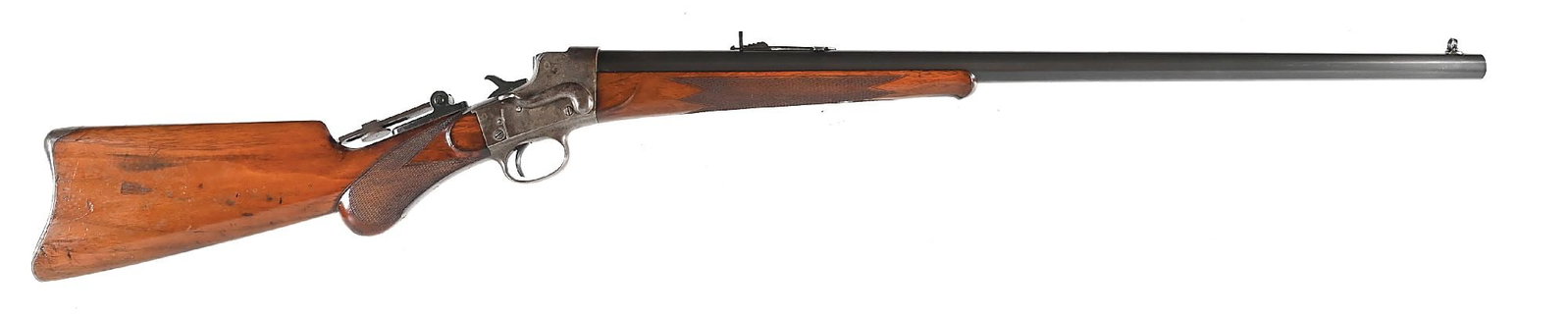 (C) REMINGTON HEPBURN NO. 3 SINGLE SHOT RIFLE IN .30-40.: Rarely seen late No. 3 Hepburn fitted with a round barrel stamped "REMINGTON ARMS CO. ILLION NY". Features a Beech folding front sight, a semi-buckhorn rear sight and a Mid Range tang sight. Case colo