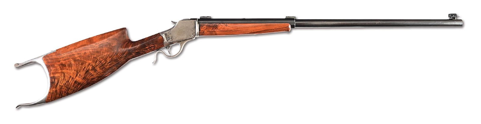 (C) CUSTOM C.C. JOHNSON WINCHESTER MODEL 1885 HIGH WALL SCHUETZEN STYLE .32-40 RIFLE.: The frame serial number dates the gun to 1906. The number 4 octagon to round barrel was custom crowned and is serial numbered 73984. It has the Winchester barrel legend. At the breech is stamped C.C. 