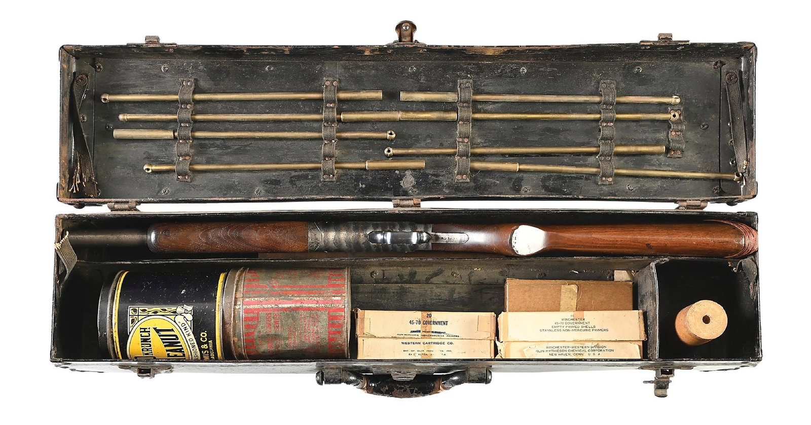 (C) METAL CASED PRE-WAR COSTON LINE THROWING GUN WITH LINE, PROJECTILES, AND ACCESSORIES. (1 of 10)