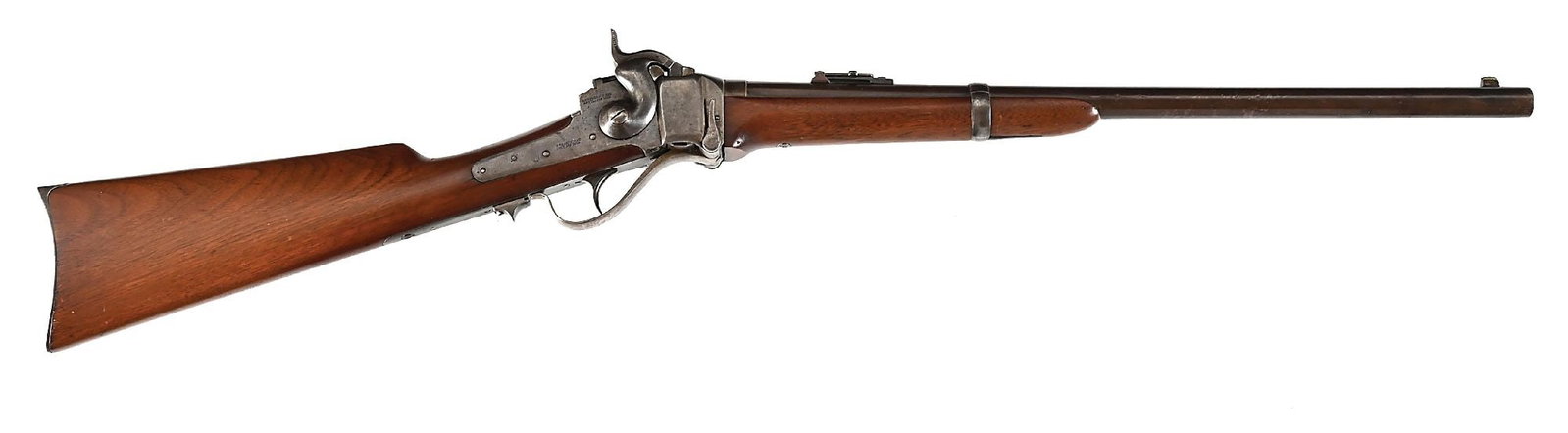 (A) MARTIALLY INSPECTED SHARPS NEW MODEL 1863 CONVERSION CARBINE.: Converted after the Civil War for self contained cartridges. The left side of the walnut stock has "DFC" in ribbon for David Clark. There are sundry sub inspector stamps. Barrel is stamped "New Model 