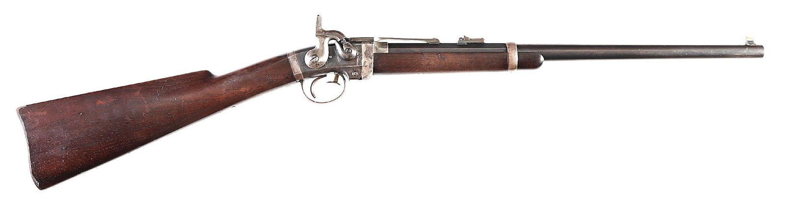 (A) MASSACHUSETTS ARMS CO. SMITH PERCUSSION CARBINE.: Civil War Smith carbine, manufactured by Massachusetts Arms. Round Barrel with blade front sight and small elevator adjustable rear sight. Two piece oil finished walnut stocks with steel buttplate. Fo