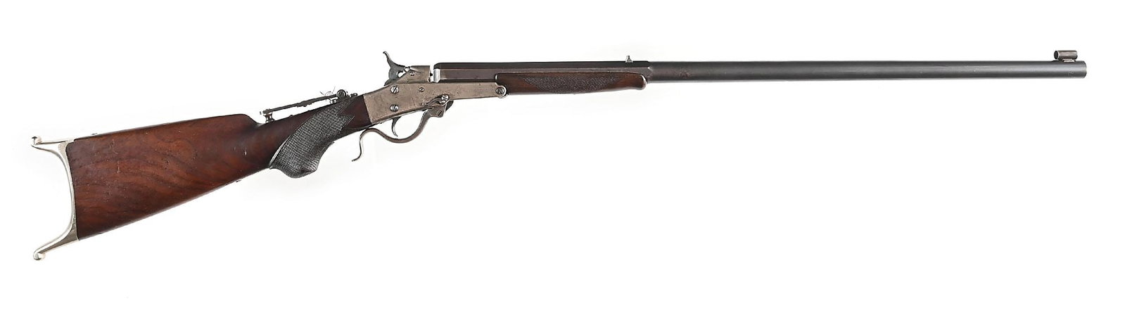 (A) FINE MAYNARD PATENT MODEL 1873 NO. 10 SINGLE SHOT SPORTING RIFLE.: This is a .40 caliber center fire which could be the .40-40, 40-60 or .40-70. These rounds all feature the over size head that fills in the gas gap. It features the blued octagon-to-round barrel, a gl