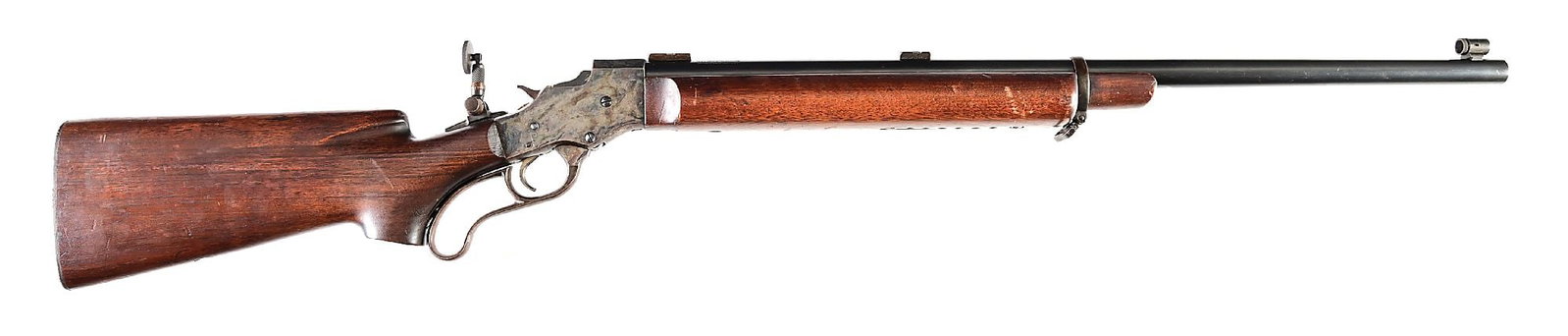 (C) STEVENS WALNUT HILL MILITARY STYLE SINGLE SHOT TARGET RIFLE.: The heavy round blued barrel is stamped Stevens "WALNUT HILL" atop the barrel. Features the globe front sight, a Lyman tang sight, and barrel mounted A-O blocks with no provision for a barrel mounted 