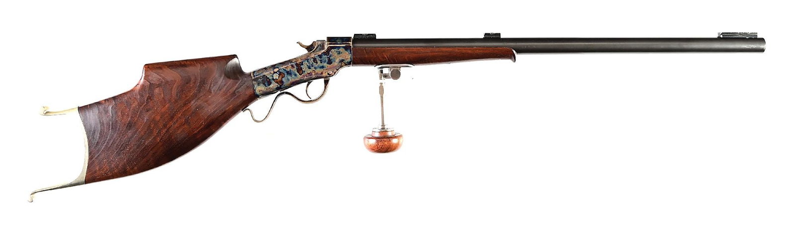 (A) CUSTOM MADE MARLIN BALLARD .22 RF SINGLE SHOT SCHUETZEN RIFLE: Using the standard Ballard action, a new full octagon heavy barrel was fitted. This rifle features a blued barrel with no visible legends. The J.M. Marlin receiver has been beautifully case colored. T