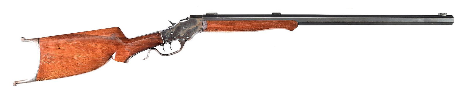(C) ASSEMBLED STEVENS MODEL 45 .28-30 SINGLE SHOT RIFLE WITH BULLET SEATER.: Built on the 44 1/2 frame. The model number 45 is stamped on front of receiver along with EX. The full octagon heavy barrel is serial number 2524. Barrel exhibits the Stevens legend along with caliber
