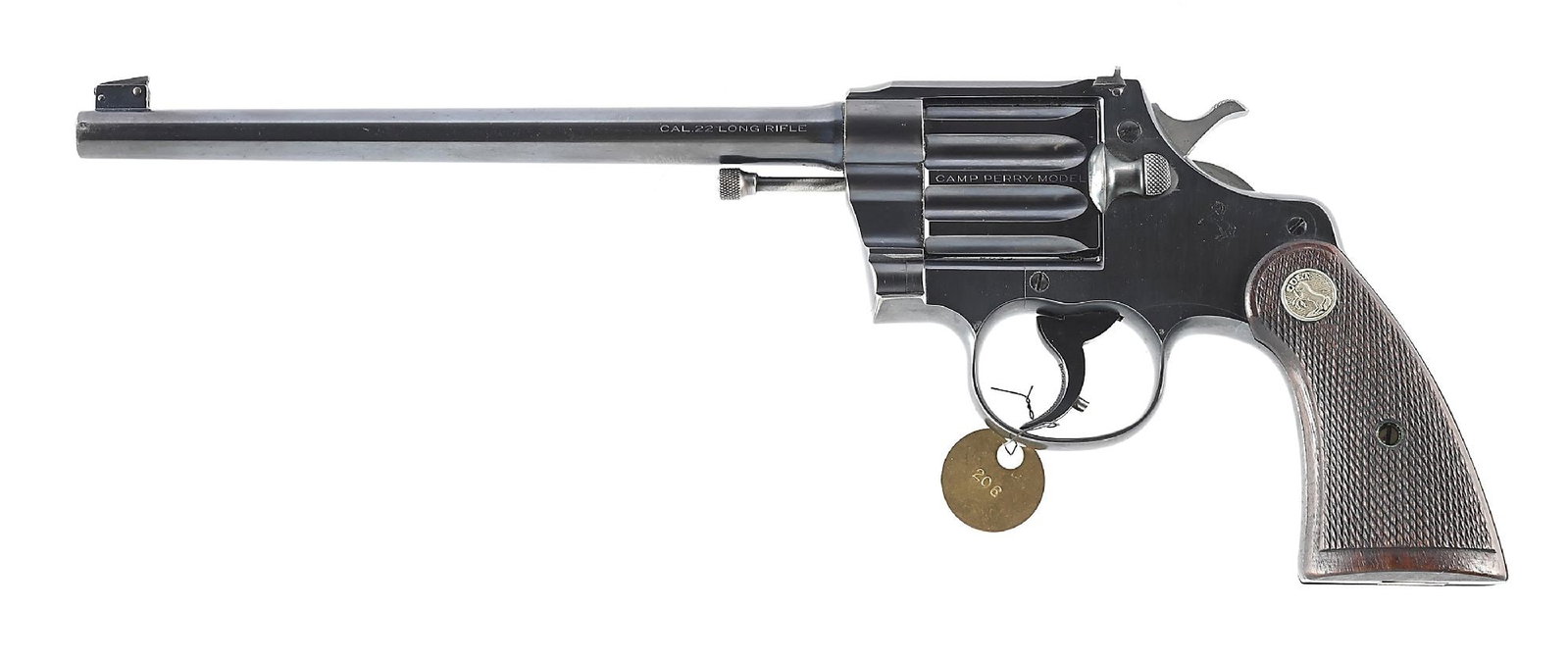 (C) COLT CAMP PERRY MODEL .22 LR SINGLE SHOT PISTOL: Manufactured 1932 with 10" barrel. Checkered walnut grips with nickel Rampant Colt medallions. Elevation adjustable target front sight with drift adjustable rear sight. Left side of swinging breech ma