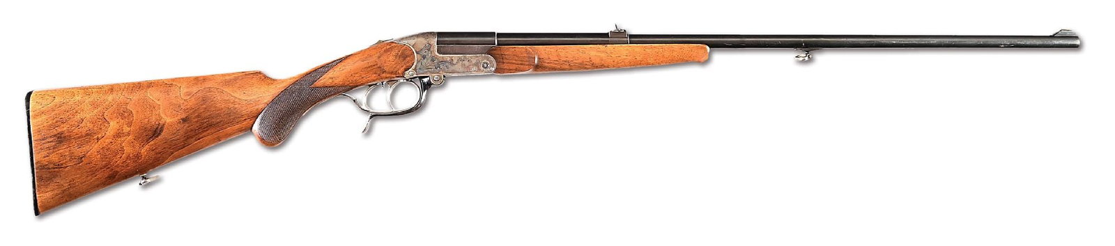 (C) J.P. SAUER SINGLE SHOT STALKING RIFLE IN 8.15X46R: This beautiful light weight single shot pre-war German rifle features the blued round barrel, bead on base front sight, two leaf folding rear sight, lightly engraved case color receiver, double set tr