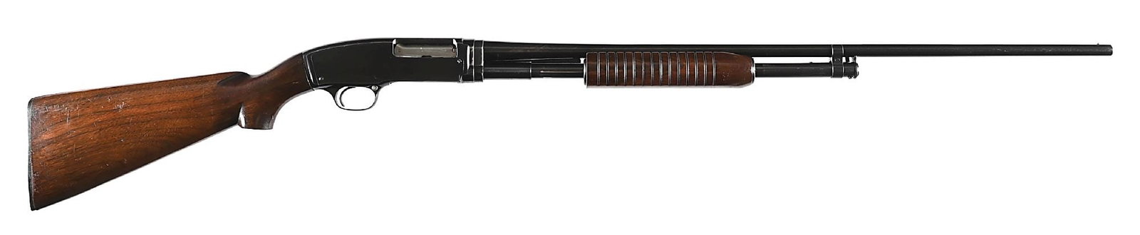 (C) WINCHESTER MODEL 42 .410 SLIDE ACTION SHOTGUN.: Manufactured in 1952. Classically configured with blued finish, Winchester proof steel barrel, single steel bead, takedown frame, flat bottom 14 groove walnut forend, and smooth walnut stock with WRAC
