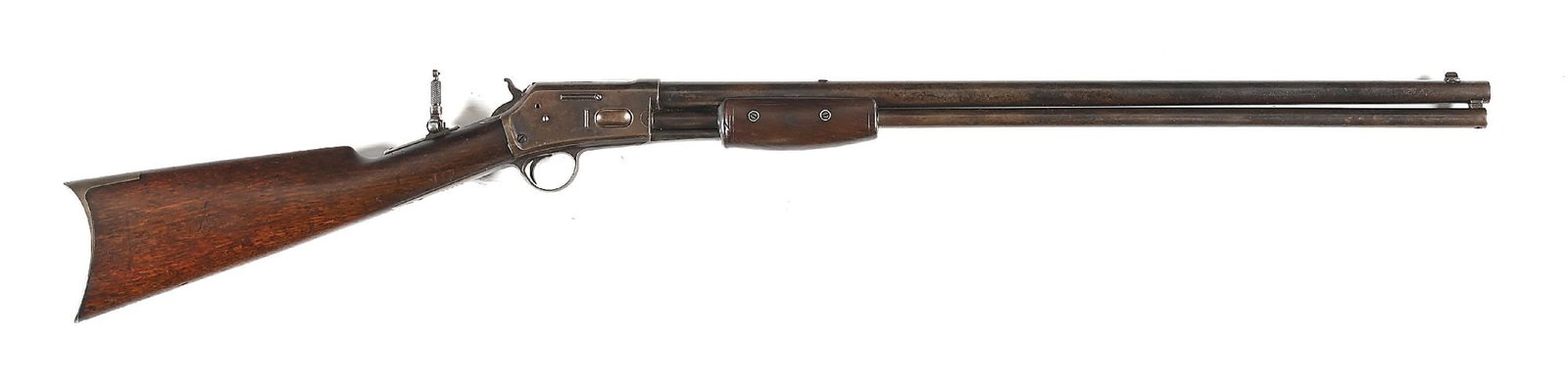 (A) COLT LIGHTNING MEDIUM FRAME .38 WCF SLIDE ACTION RIFLE.: Dates to 1890. Standard rifle features the blue finish, round barrel, full length magazine, dovetailed front sight, rear sight filled, tang sight, and walnut stock with rifle buttplate and two piece f