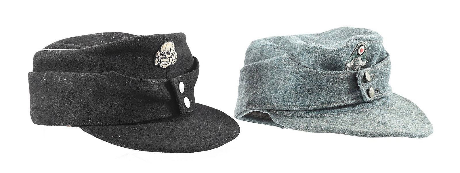 LOT OF 2: THIRD REICH M43 CAPS.: Lot includes: (A) Original Waffen SS Bevo skull and SS eagle which are sewn to a what appears to be a postwar SS M43 cap. Skull is hand-applied and eagle is machine-sewn. CONDITION: Overall excellent.