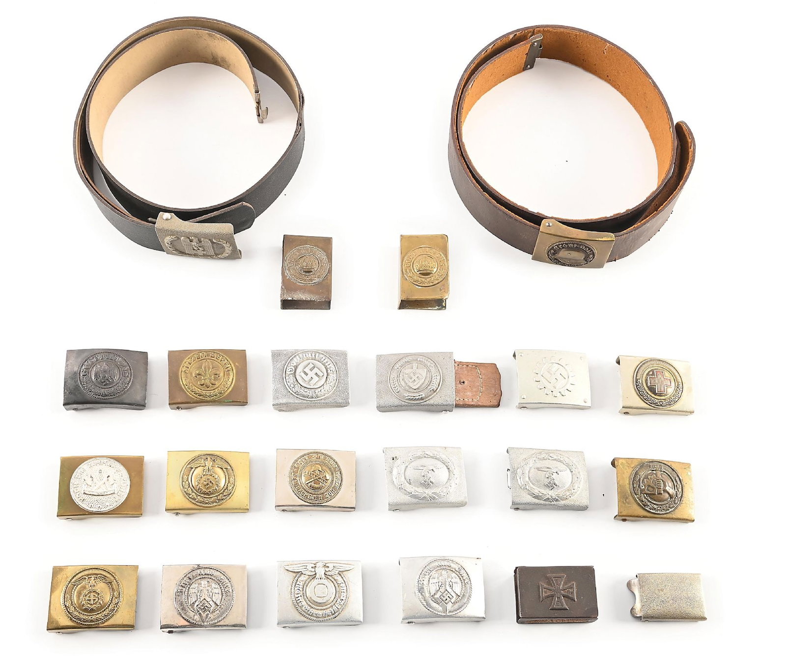 LARGE LOT OF GERMAN WWI-WWII BELT BUCKLES. BELTS, AND MATCH COVERS. (1 of 3)