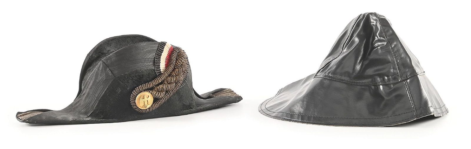 LOT OF 2: GERMAN WWII KRIEGSMARINE FORE AND AFT CAP AND FOUL WEATHER CAP.: Lot contains: (A) German WWII Kriegsmarine "fore and aft" cap which is unmarked. Top exhibits moderate dust (will clean up), light wear, and bullion cords have heavy patina, tricolor is slightly stain